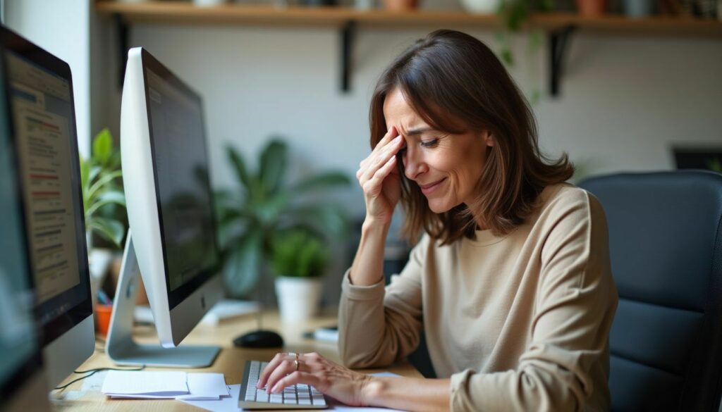 Frau reibt sich vor dem Monitor die Augen