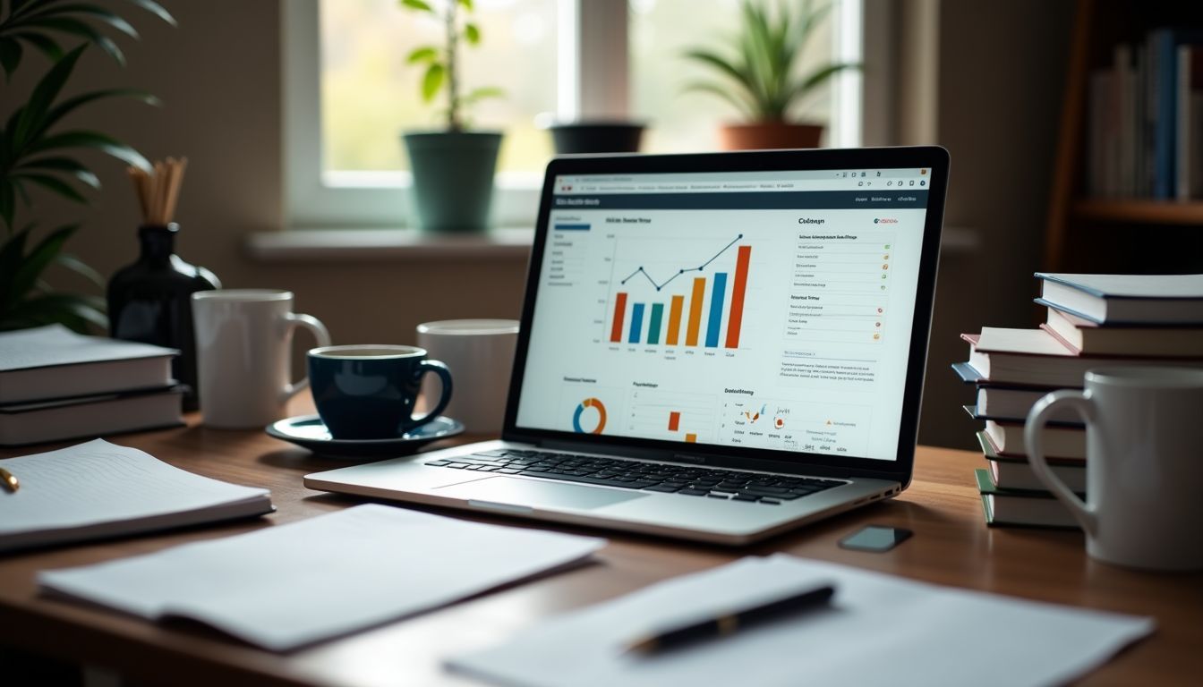 Ein unordentlicher, aber gemütlicher Schreibtisch mit Laptop und Büchern.