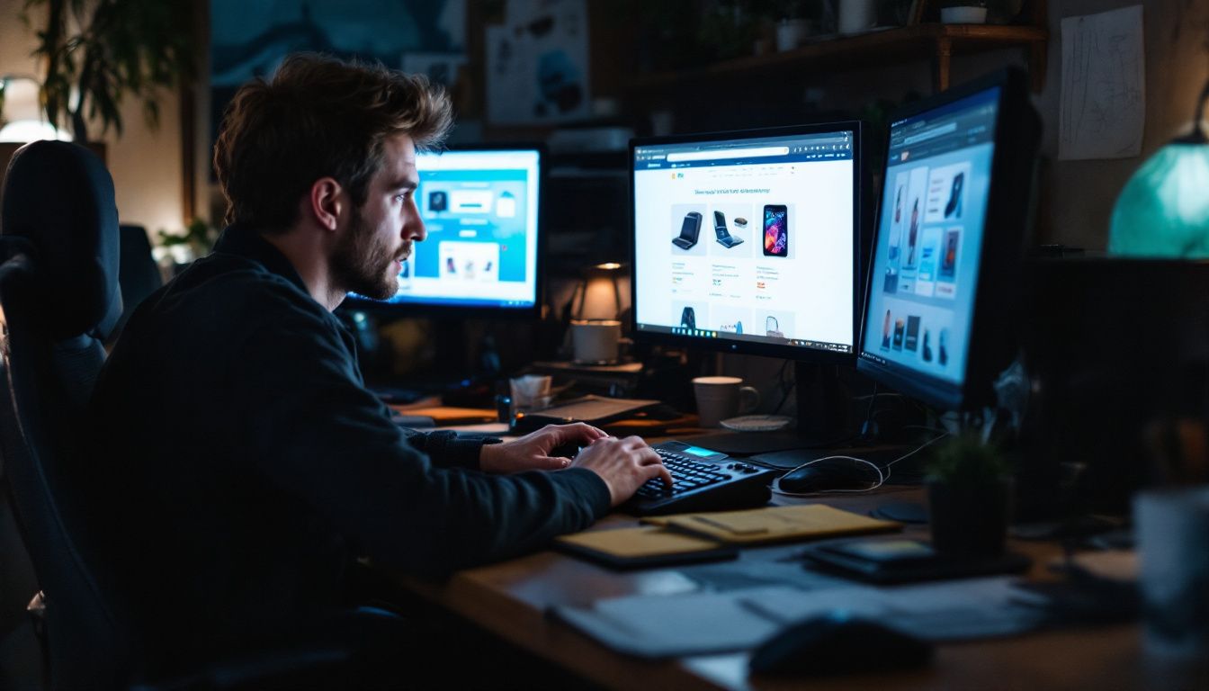 Eine Person arbeitet an einem überfüllten Schreibtisch mit mehreren Computerbildschirmen.