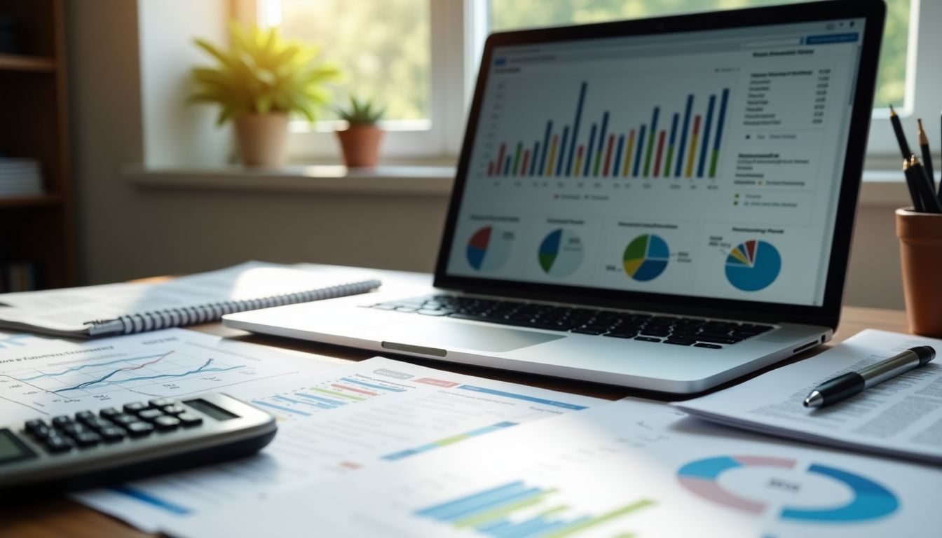 Ein Schreibtisch mit Finanzzeitungen, Laptop und Investitionsportfolio.