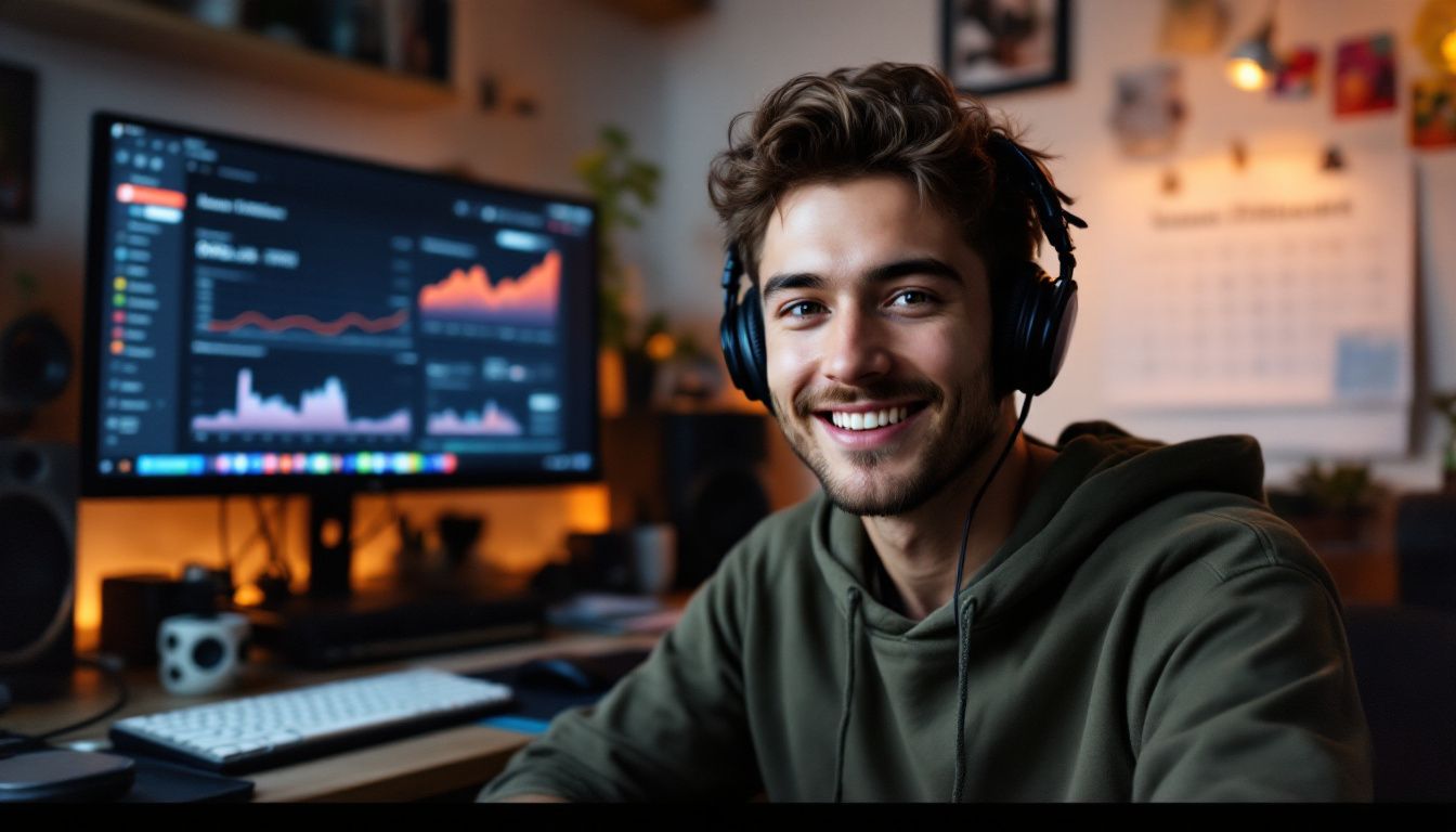 Ein junger Content Creator in seinem Arbeitszimmer mit Ausrüstung und Analytics.