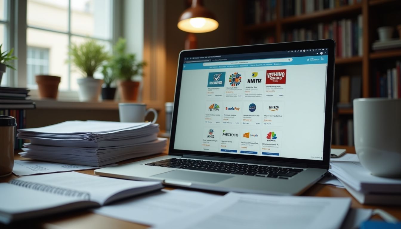 Ein voller Schreibtisch mit Laptop und Papieren in einem überfüllten Arbeitszimmer.