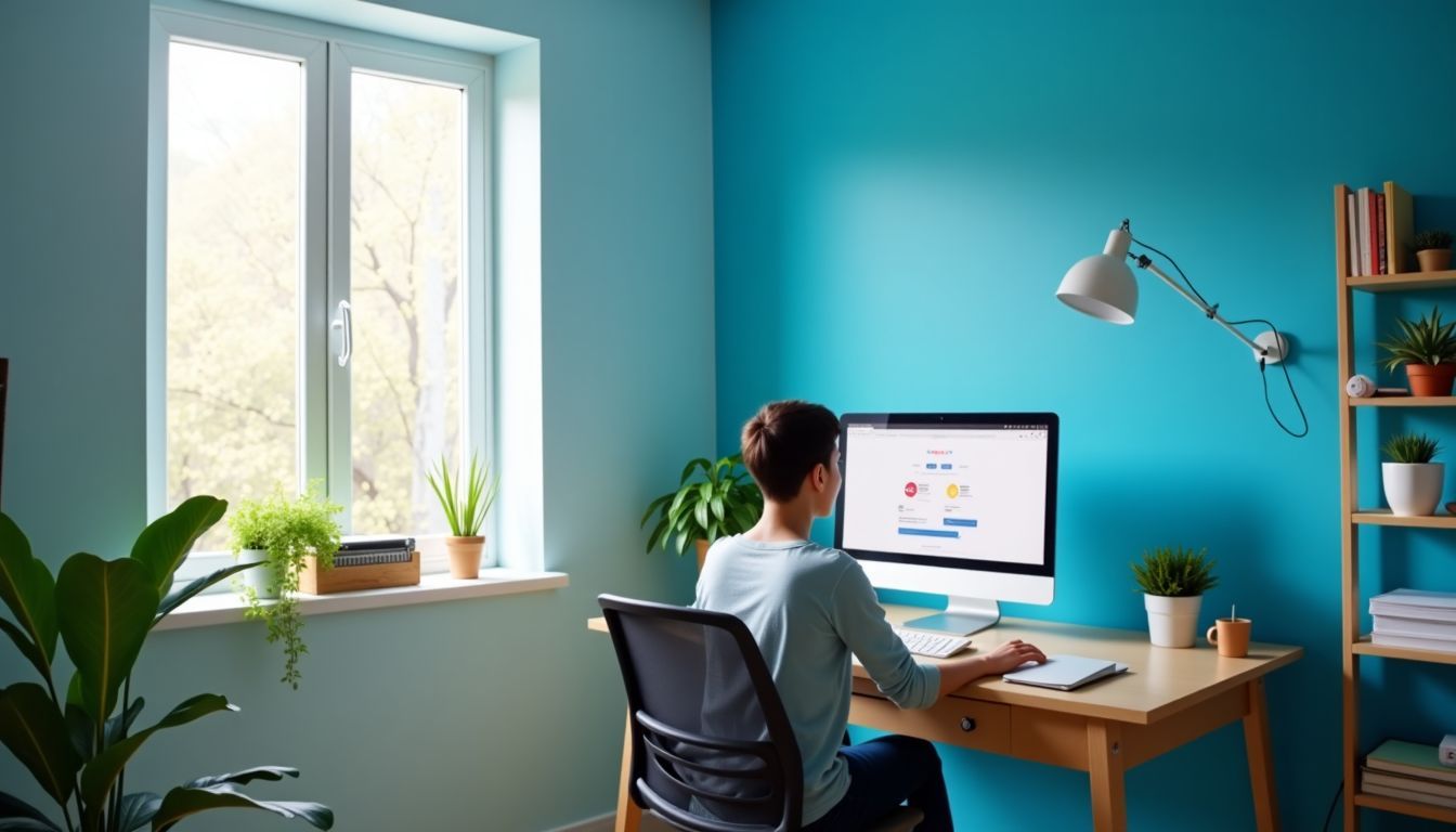 Ein gemütliches Heimbüro mit blauen Wänden und einem hellblauen Akzent.