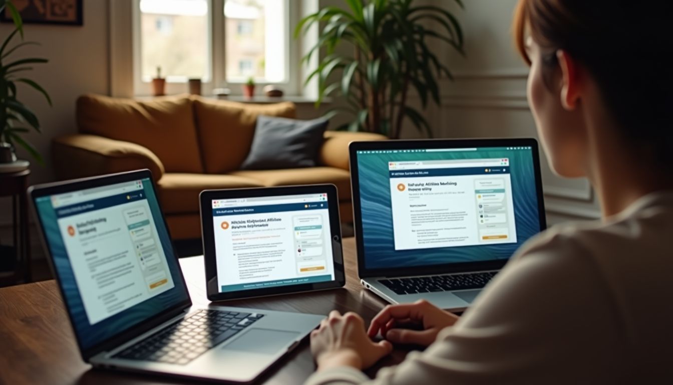 Eine Sammlung von elektronischen Geräten zeigt Affiliate-Marketing-Websites in einem gemütlichen Büro.