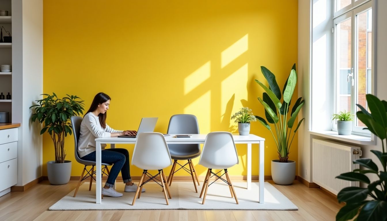Ein helles gelbes Homeoffice mit weißer Möbel und grauen Akzenten.