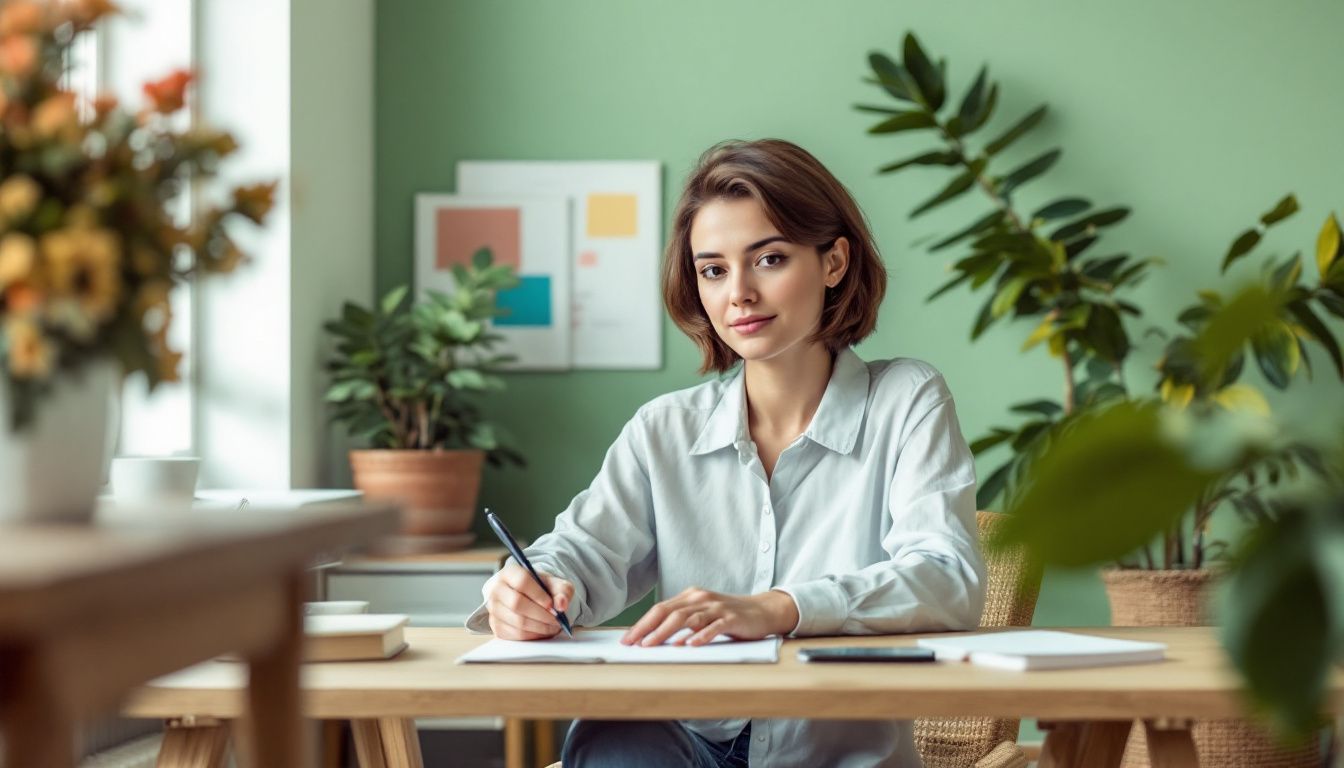 Eine Person arbeitet in einem Heimbüro mit natürlichen Materialien.