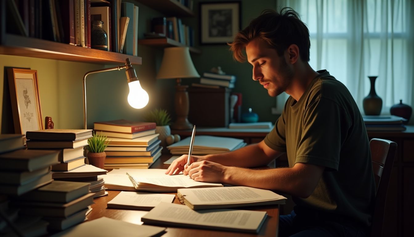 Ein altes, überfülltes Homeoffice mit Finanzbüchern und Papieren.