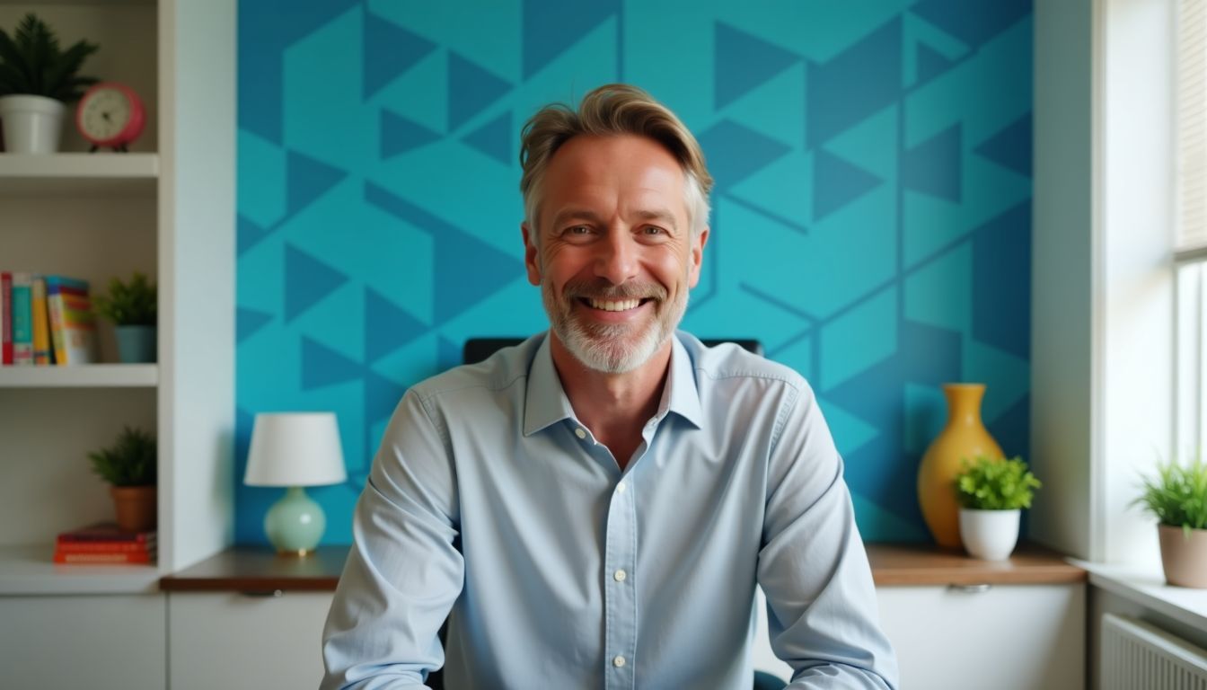 Das Bild zeigt ein stimmungsvolles Heimbüro mit blauer Akzentwand.