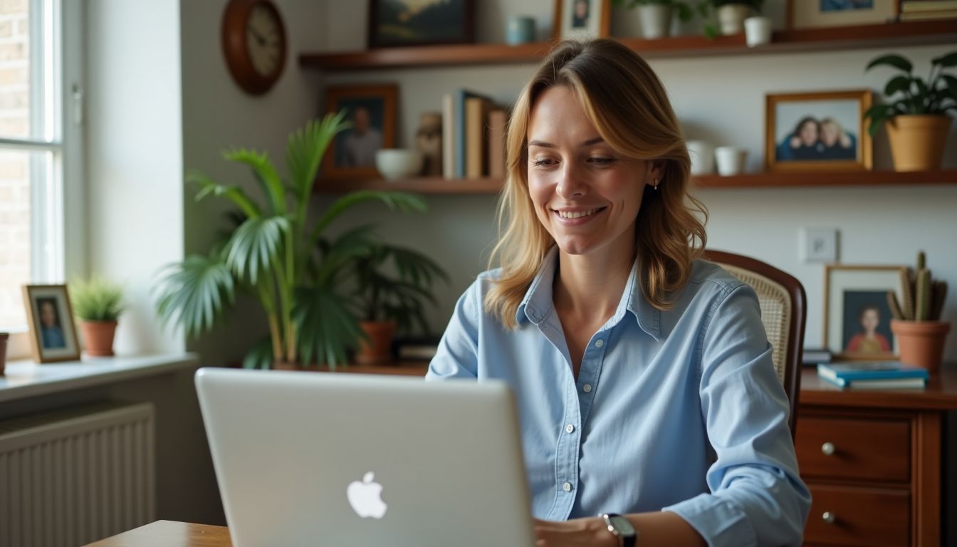 Eine mittelalternde Frau arbeitet in ihrem gemütlichen Heimbüro.